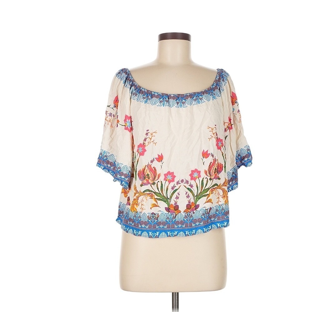 Free Market by Flying Tomato Boho Floral Off Shoulder Tunic Top M Ivory Blue‎